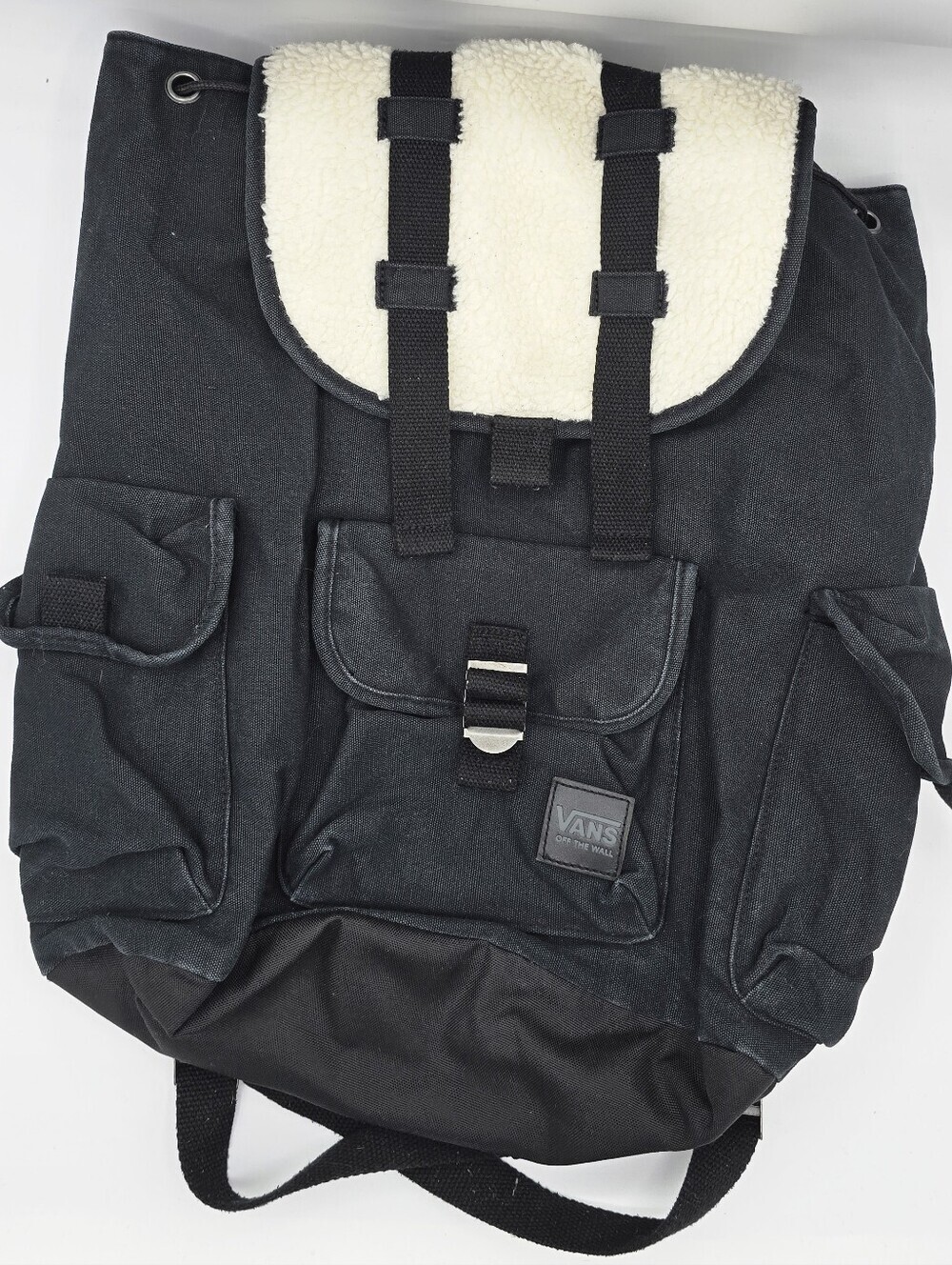 Vans - Unisex Faded Black Backpack With White Sherpa Fleece & Multi-Pockets